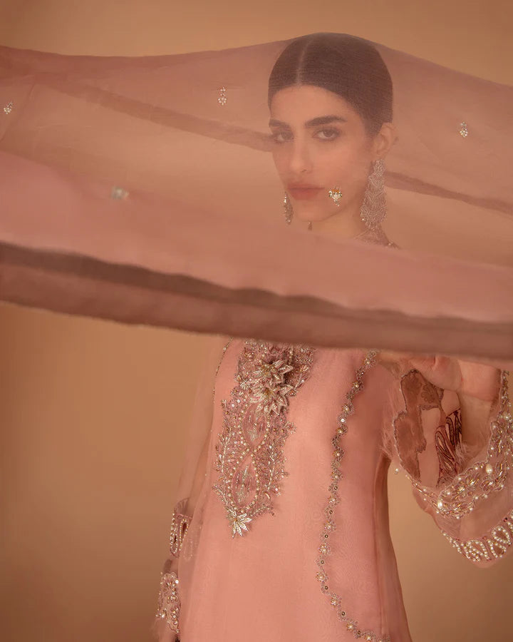 Model wearing a peach Auset dress with intricate silver embroidery from Faiza Saqlain's Aleira Evening Edit '24 collection. Pakistani clothes online in UK.