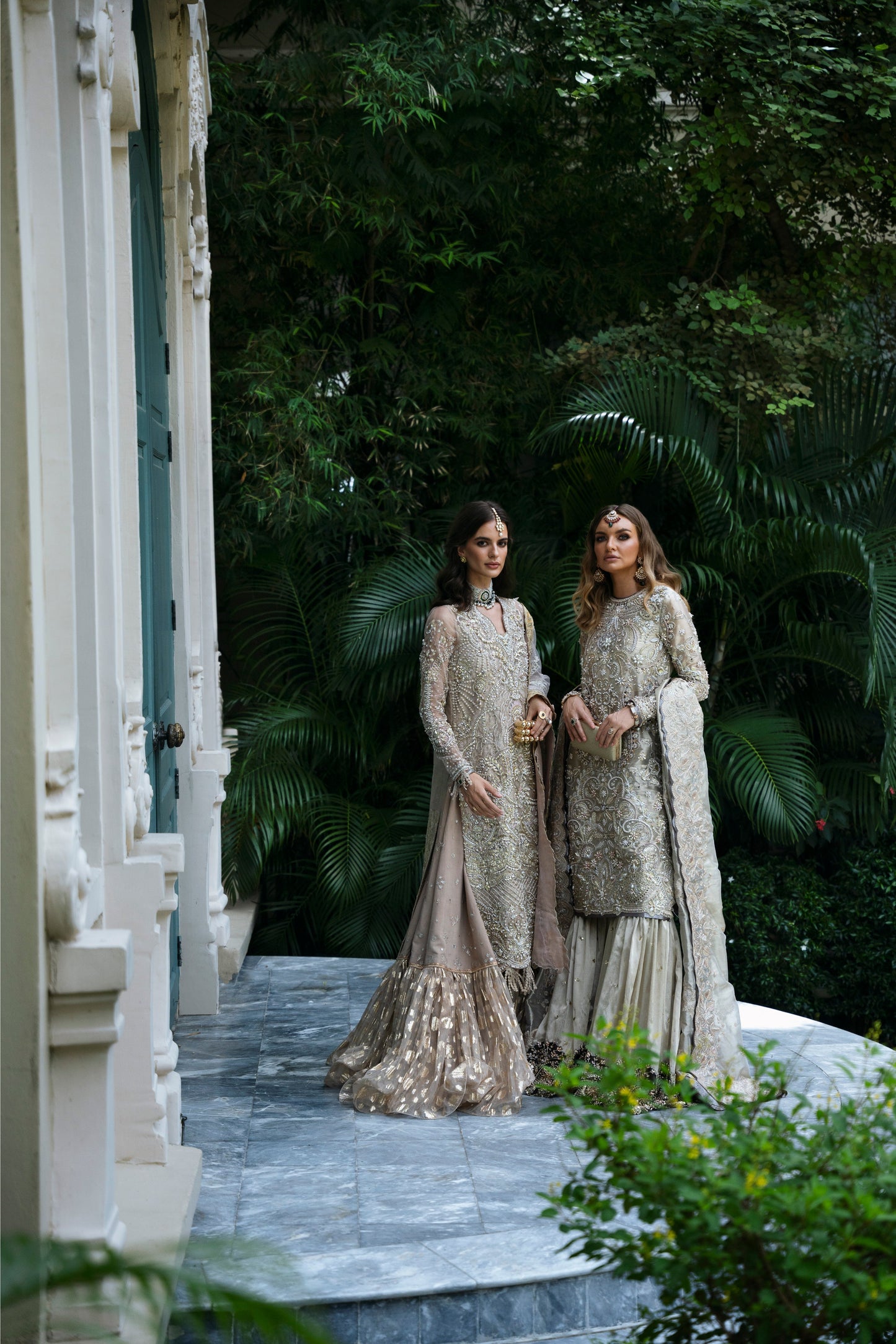 Model wearing Arya from Mysie by Tahira in beige with intricate embellishments, perfect for Pakistani luxury pret in the UK.