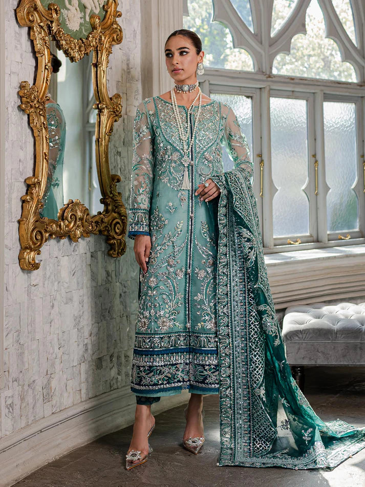 Model wearing sea green Milica outfit from Gulaal—Pakistani luxury pret with intricate embroidery, shop Pakistani clothes online in UK.