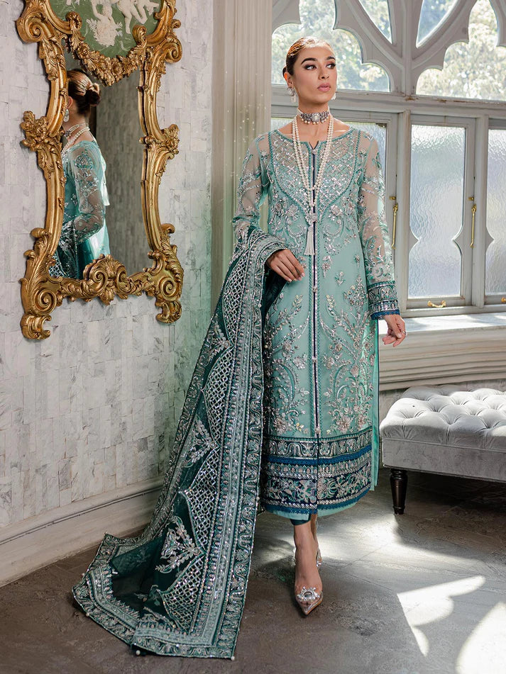 Model wearing sea green Milica outfit from Gulaal—Pakistani luxury pret with intricate embroidery, shop Pakistani clothes online in UK.