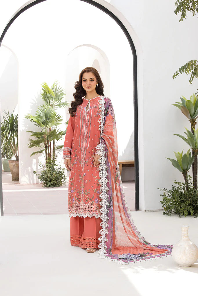 Model wearing Sobia Nazir Vital 2025 Design 4A in coral pink with intricate embroidery. Shop Pakistani luxury pret and Pakistani clothes online in UK.