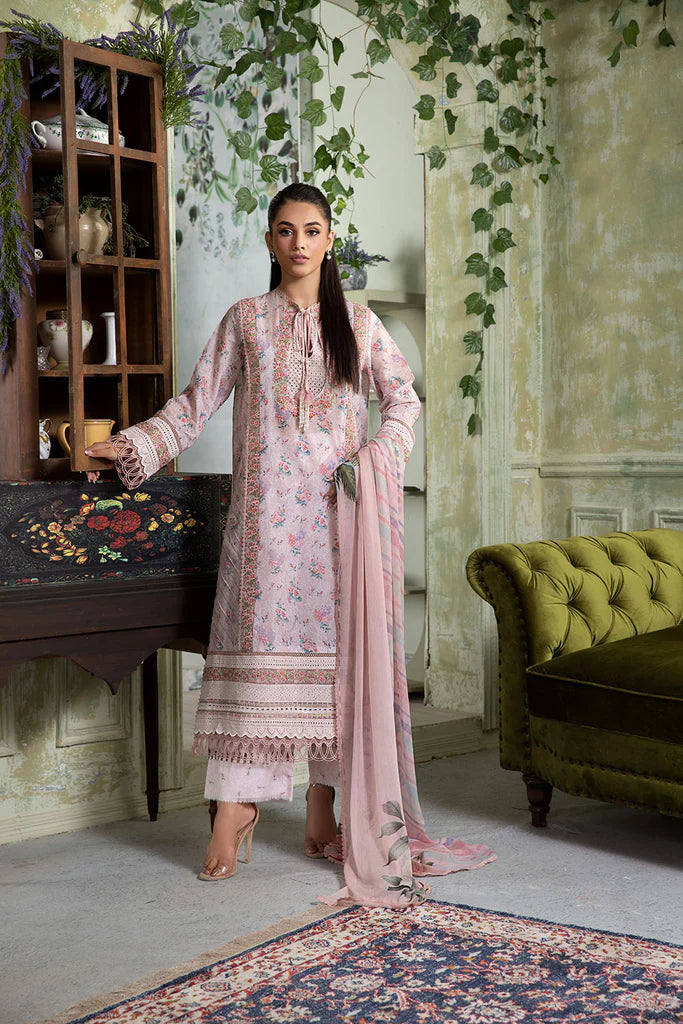 Model wearing pastel pink floral Design 4A from Sobia Nazir Vital '25 Vol. 2, Pakistani luxury pret and Pakistani clothes online in UK.