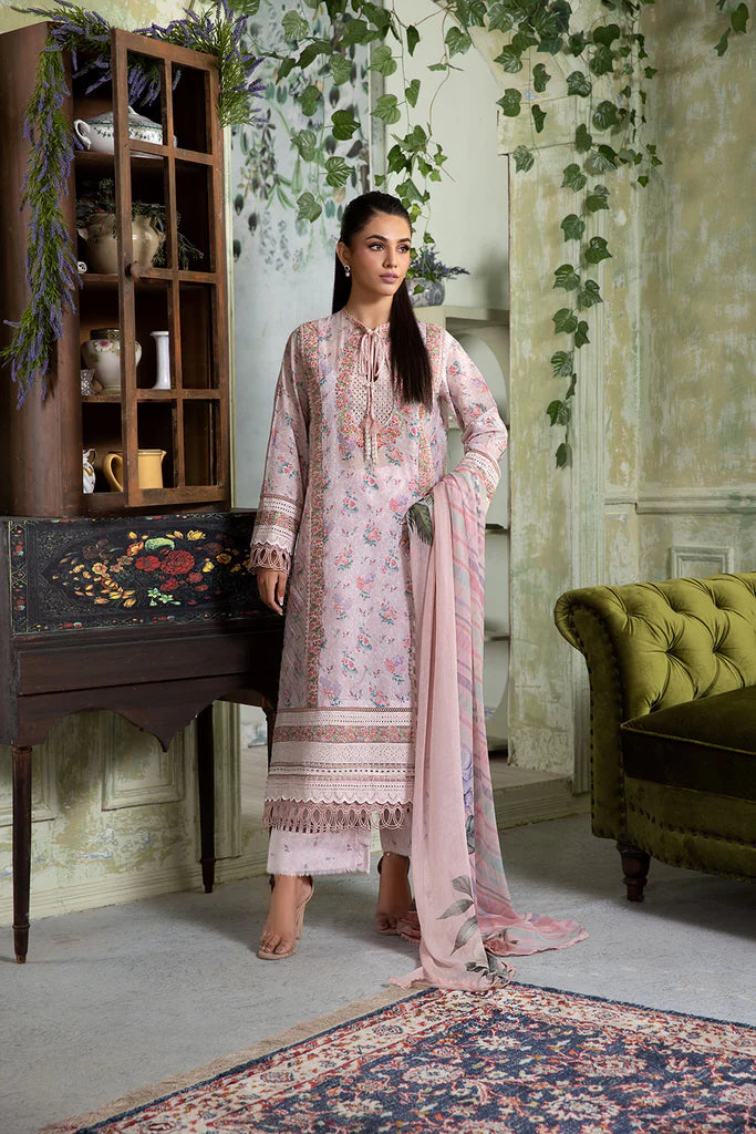 Model wearing pastel pink floral Design 4A from Sobia Nazir Vital '25 Vol. 2, Pakistani luxury pret and Pakistani clothes online in UK.