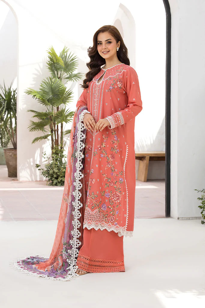 Model wearing Sobia Nazir Vital 2025 Design 4A in coral pink with intricate embroidery. Shop Pakistani luxury pret and Pakistani clothes online in UK.