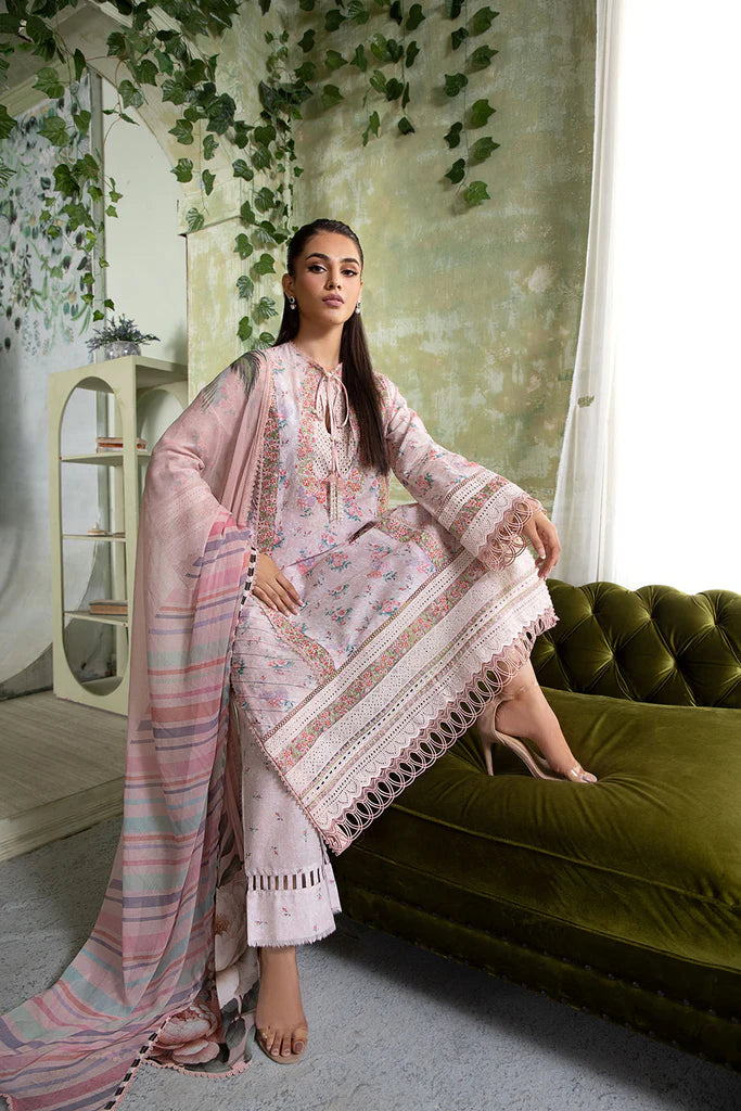 Model wearing pastel pink floral Design 4A from Sobia Nazir Vital '25 Vol. 2, Pakistani luxury pret and Pakistani clothes online in UK.