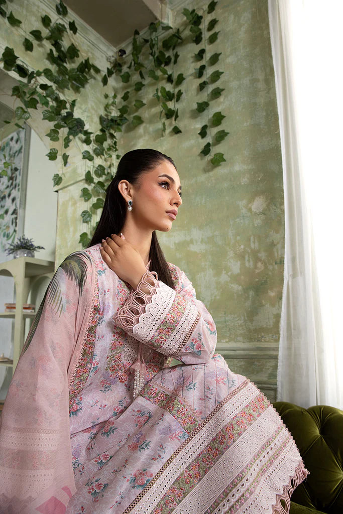 Model wearing pastel pink floral Design 4A from Sobia Nazir Vital '25 Vol. 2, Pakistani luxury pret and Pakistani clothes online in UK.
