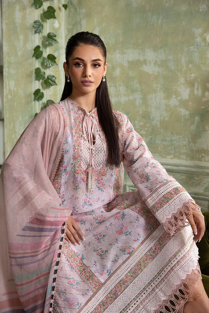 Model wearing pastel pink floral Design 4A from Sobia Nazir Vital '25 Vol. 2, Pakistani luxury pret and Pakistani clothes online in UK.