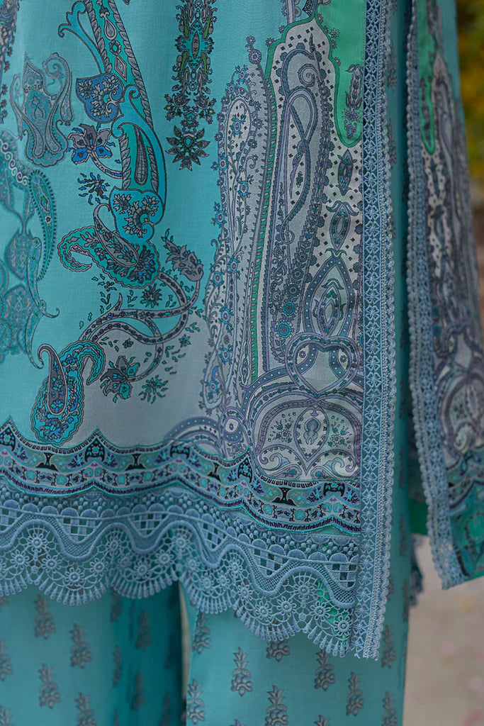Model wearing aqua blue Sobia Nazir Design 4B from SN Basics '25, Pakistani luxury pret outfit, shop Pakistani clothes online in UK.