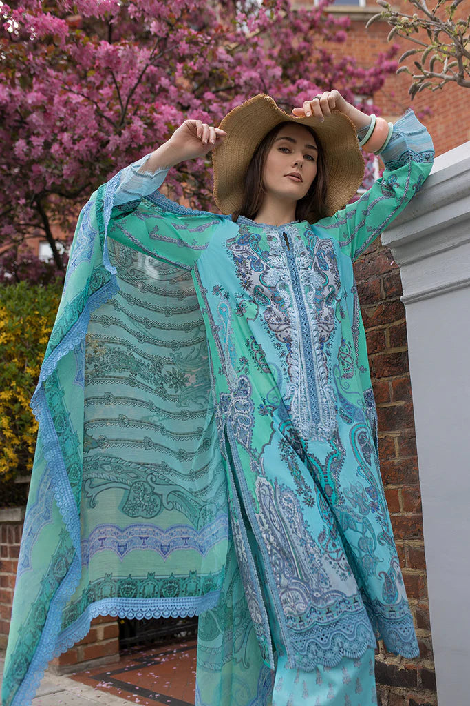 Model wearing aqua blue Sobia Nazir Design 4B from SN Basics '25, Pakistani luxury pret outfit, shop Pakistani clothes online in UK.