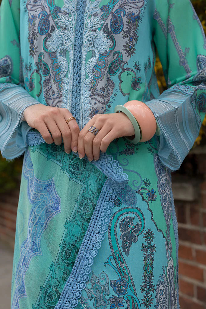 Model wearing aqua blue Sobia Nazir Design 4B from SN Basics '25, Pakistani luxury pret outfit, shop Pakistani clothes online in UK.