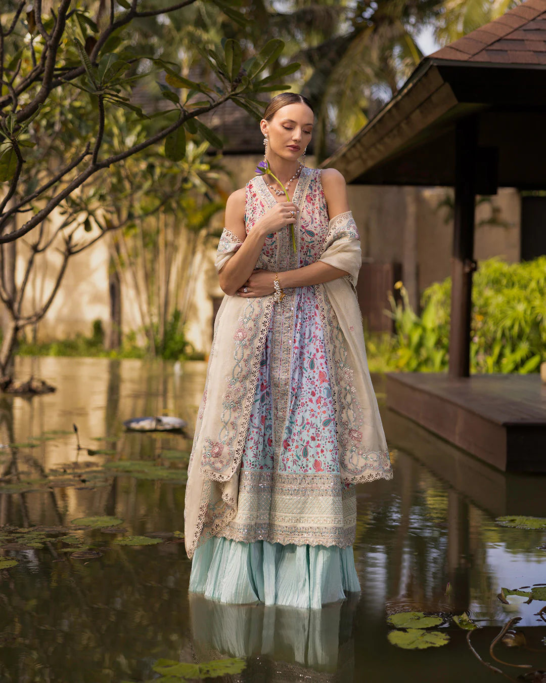 Model wearing multicolored Danica dress with mint trousers from Faiza Saqlain Zinnia collection, Pakistani Luxury pret, Pakistani clothes online in UK.