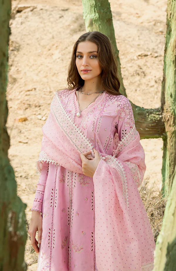 Model wearing blush pink embroidered dress with delicate mirror work and lace detailing from Soraya Noa Summer Casual Pret 2025 Chloe. Pakistani clothes online UK.v