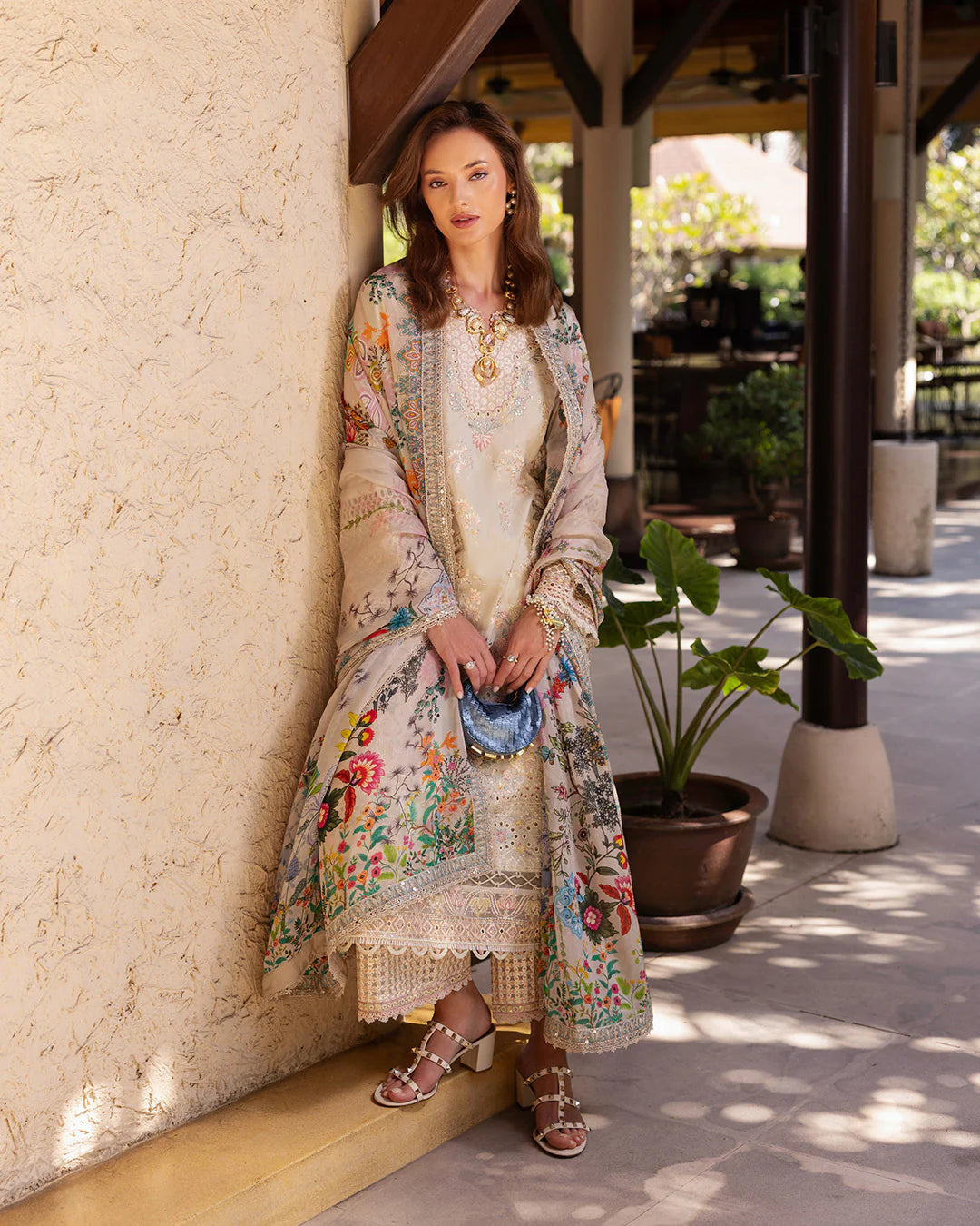 Model wearing cream Delilah dress from Faiza Saqlain Zinnia, Pakistani Luxury pret, Pakistani clothes online in UK.
