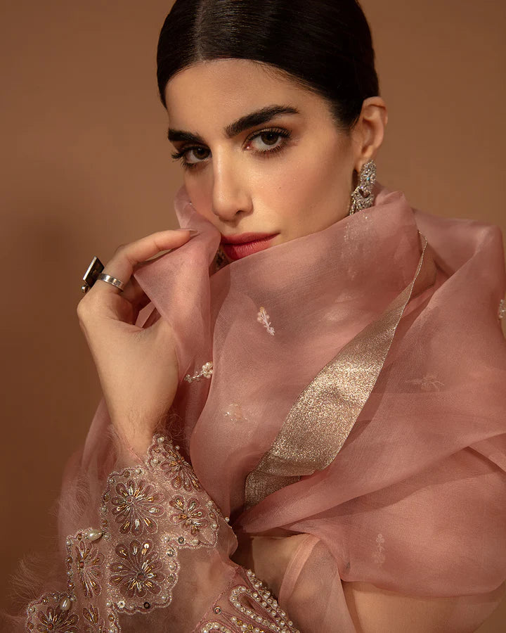 Model wearing a peach Auset dress with intricate silver embroidery from Faiza Saqlain's Aleira Evening Edit '24 collection. Pakistani clothes online in UK.