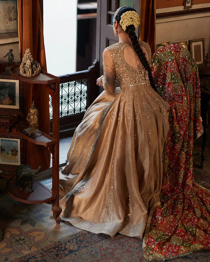 Model wearing beige and multicolor dress Sulata by Faiza Saqlain, Pakistani luxury pret, available online in UK