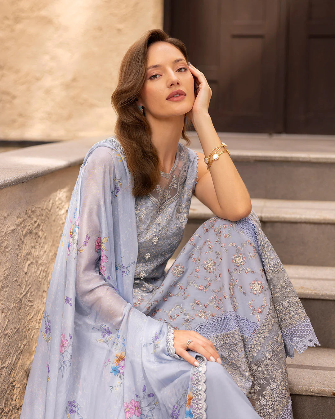 Model wearing pastel blue Liana dress from Faiza Saqlain Zinnia collection, Pakistani Luxury pret, Faiza Saqlain Pakistani clothes online in UK.