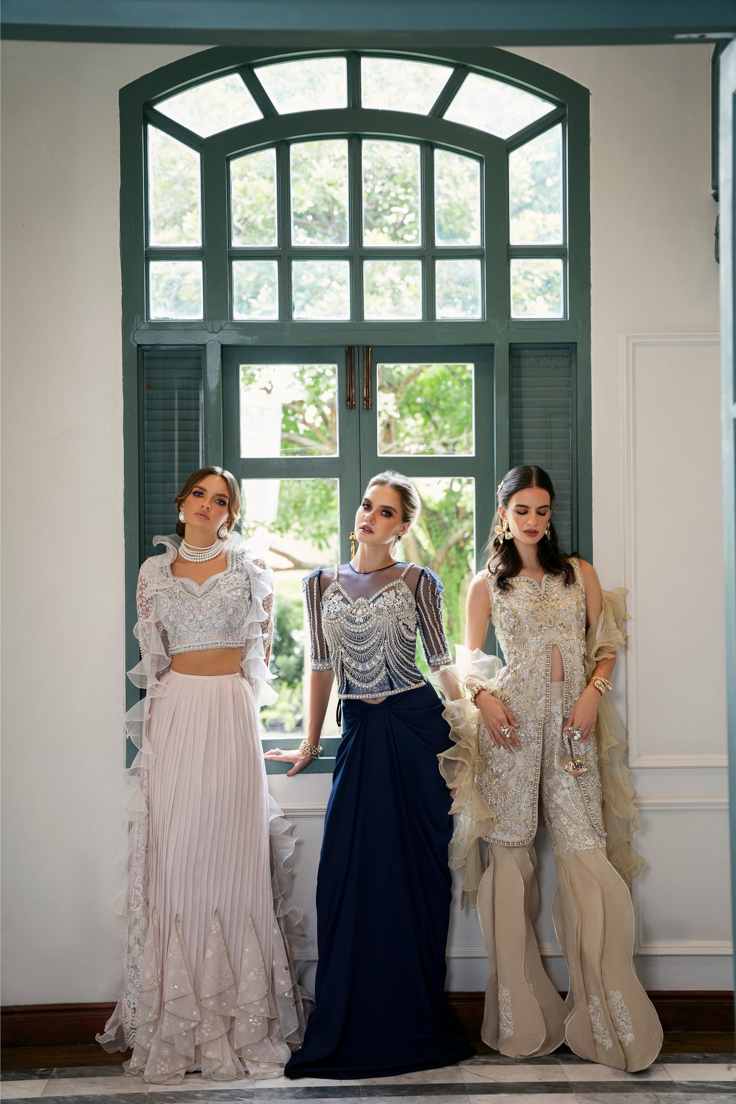 Model wearing Belisa dress from Mysie by Tahira in soft pink with intricate embellishments, perfect for Pakistani luxury pret in the UK.