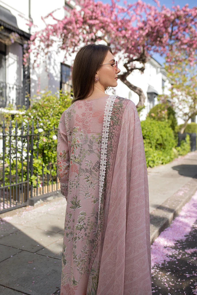Model wearing pastel mauve printed Design 5A from Sobia Nazir SN Basics '25, Pakistani Luxury pret, Pakistani clothes online in UK.