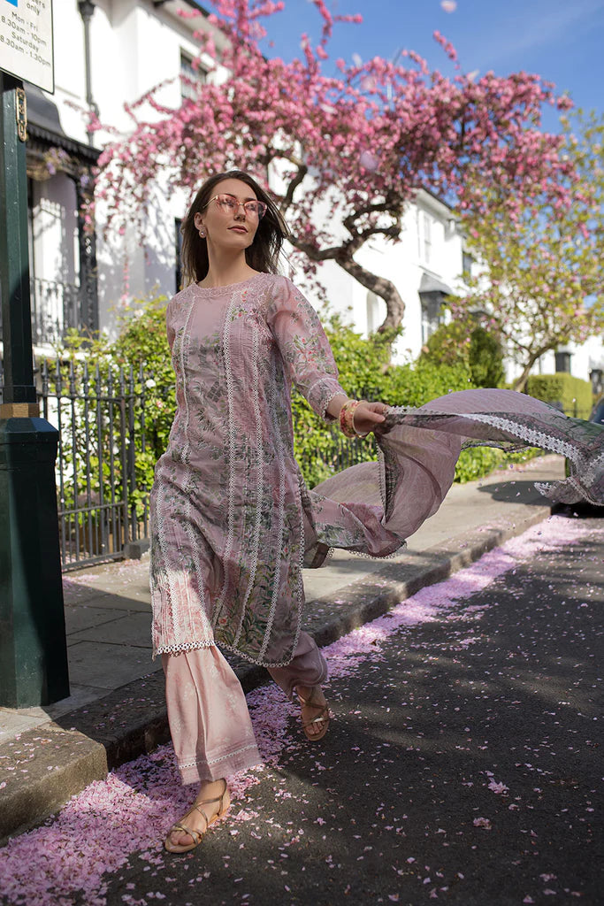 Model wearing pastel mauve printed Design 5A from Sobia Nazir SN Basics '25, Pakistani Luxury pret, Pakistani clothes online in UK.