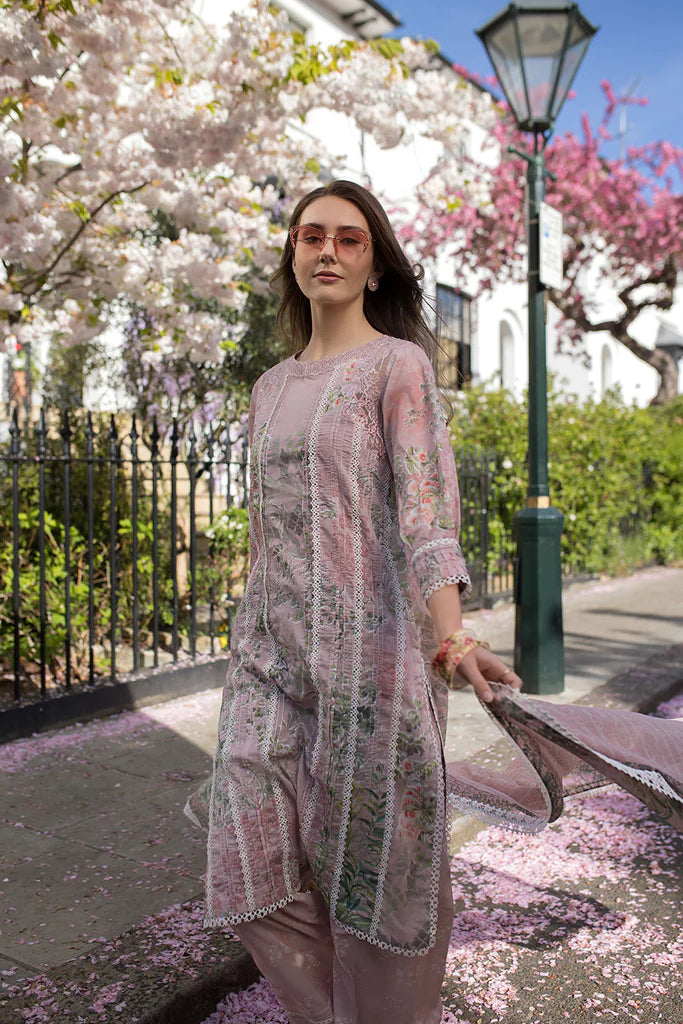 Model wearing pastel mauve printed Design 5A from Sobia Nazir SN Basics '25, Pakistani Luxury pret, Pakistani clothes online in UK.