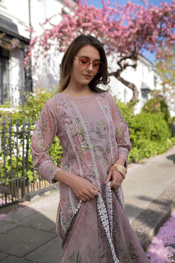 Model wearing pastel mauve printed Design 5A from Sobia Nazir SN Basics '25, Pakistani Luxury pret, Pakistani clothes online in UK.
