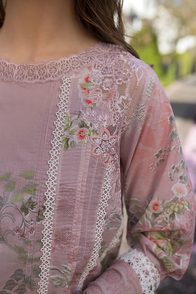 Model wearing pastel mauve printed Design 5A from Sobia Nazir SN Basics '25, Pakistani Luxury pret, Pakistani clothes online in UK.