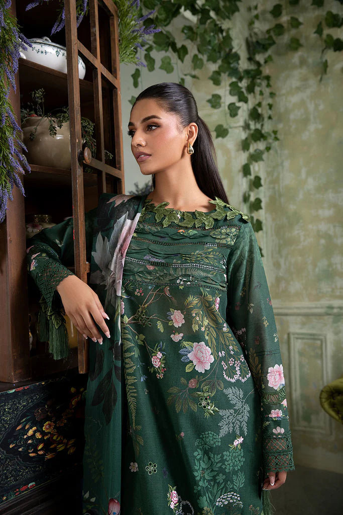 Model wearing dark green Design 5B outfit from Sobia Nazir Vital '25 Vol. 2, Pakistani luxury pret and Pakistani clothes online in UK.