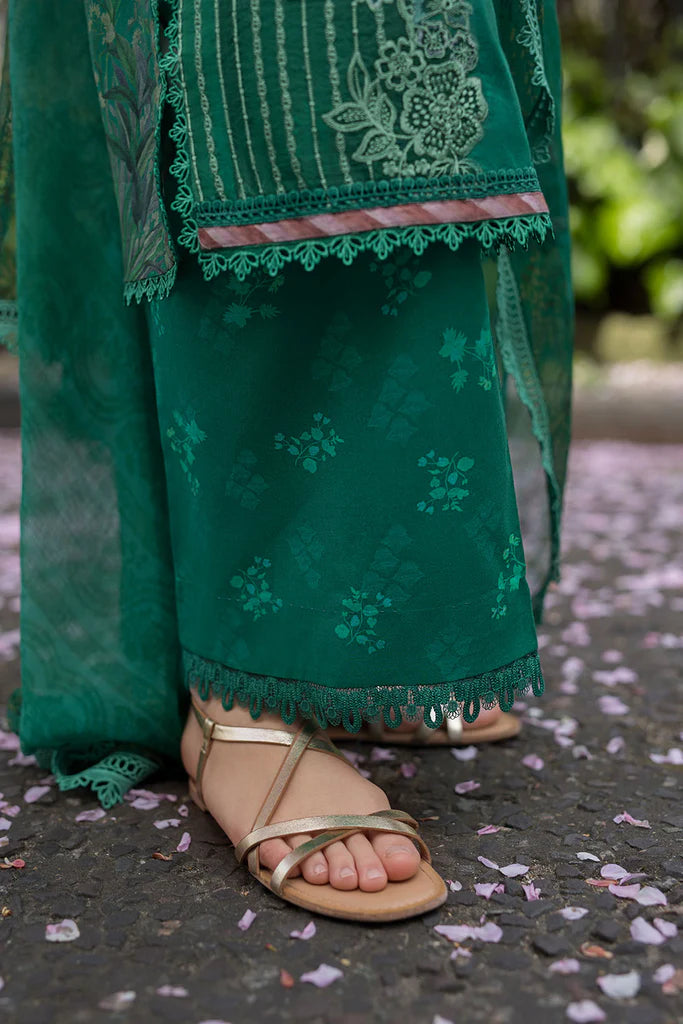 Model wearing emerald green printed Design 5B from Sobia Nazir SN Basics '25, Pakistani Luxury pret, Pakistani clothes online in UK.