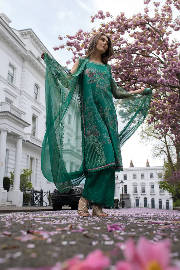 Model wearing emerald green printed Design 5B from Sobia Nazir SN Basics '25, Pakistani Luxury pret, Pakistani clothes online in UK.