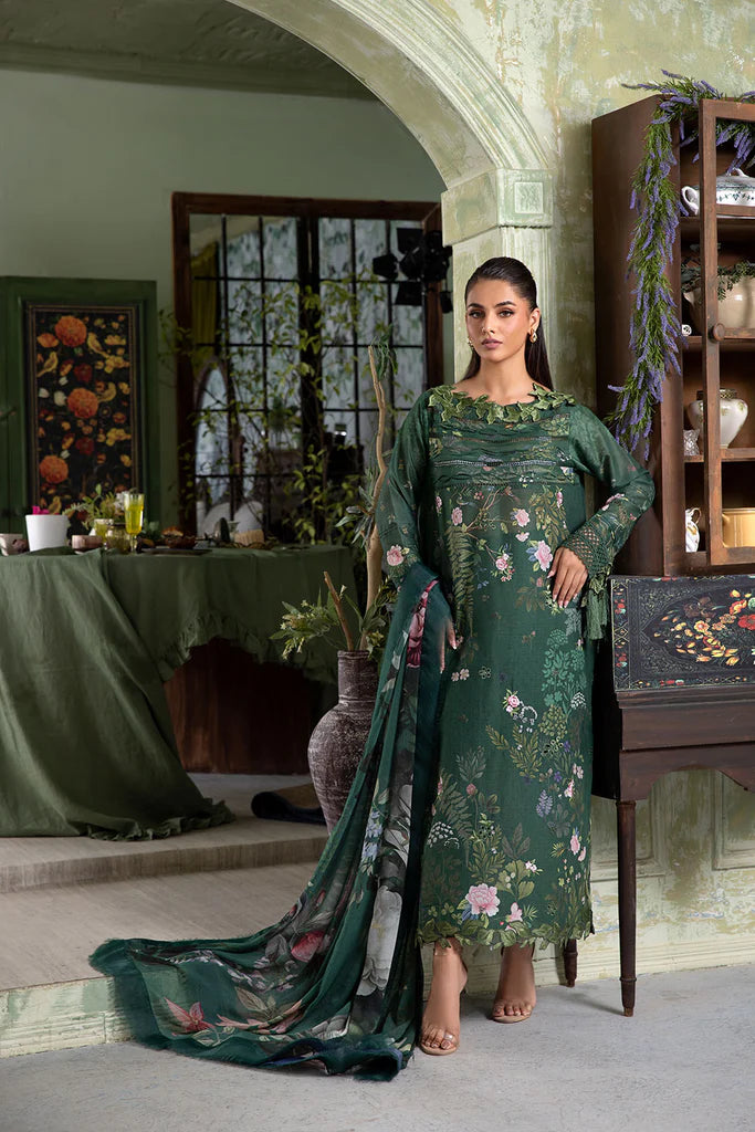 Model wearing dark green Design 5B outfit from Sobia Nazir Vital '25 Vol. 2, Pakistani luxury pret and Pakistani clothes online in UK.
