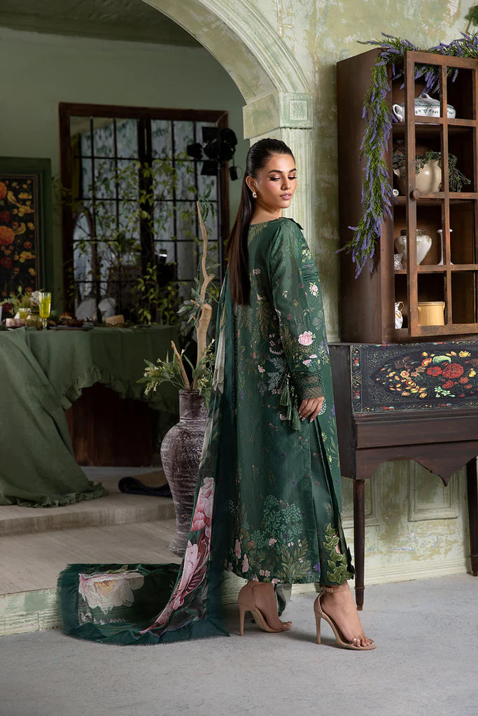 Model wearing dark green Design 5B outfit from Sobia Nazir Vital '25 Vol. 2, Pakistani luxury pret and Pakistani clothes online in UK.