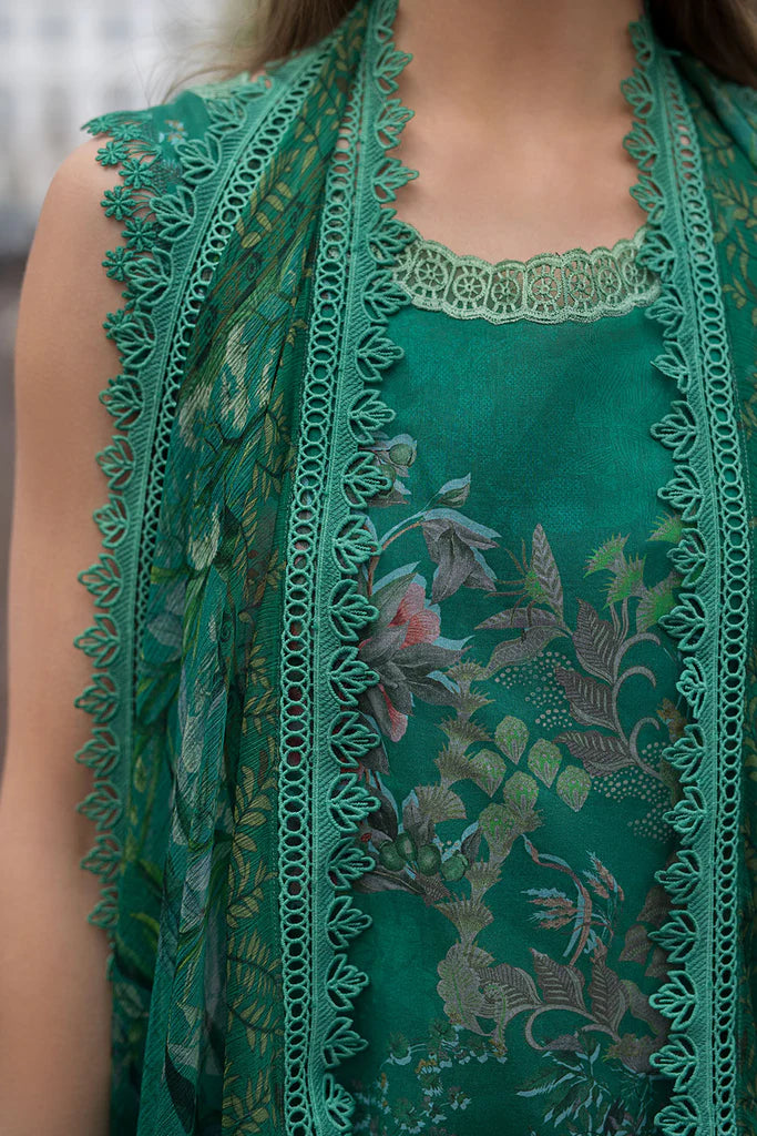 Model wearing emerald green printed Design 5B from Sobia Nazir SN Basics '25, Pakistani Luxury pret, Pakistani clothes online in UK.