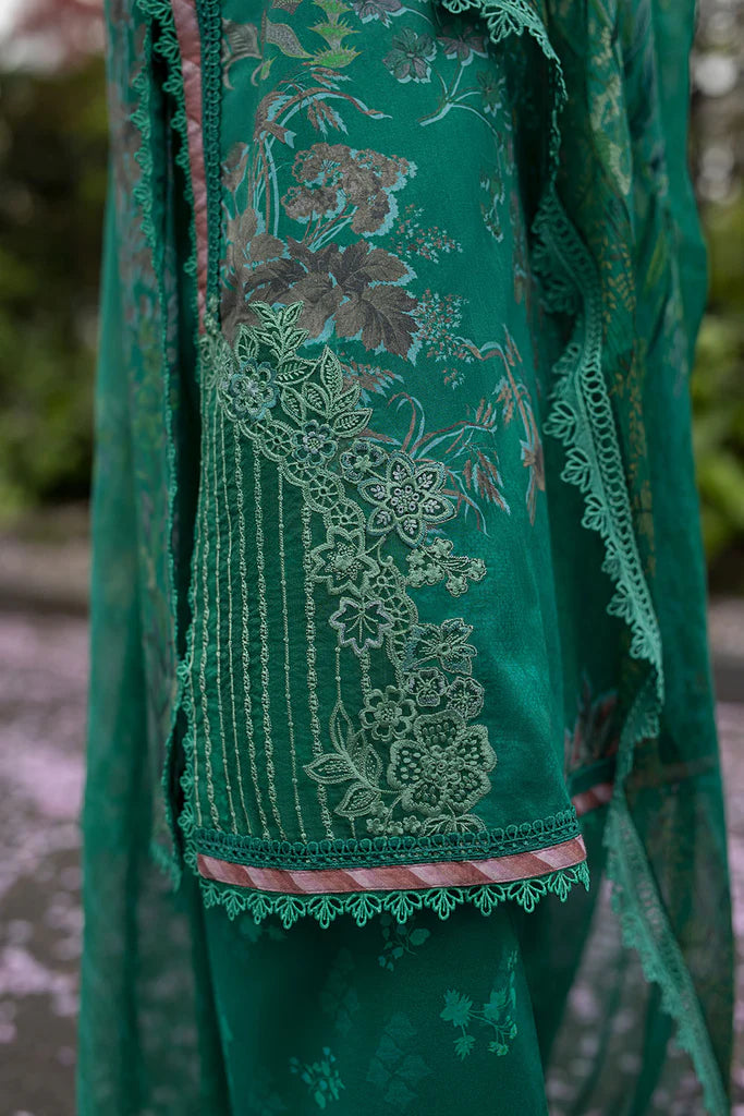 Model wearing emerald green printed Design 5B from Sobia Nazir SN Basics '25, Pakistani Luxury pret, Pakistani clothes online in UK.