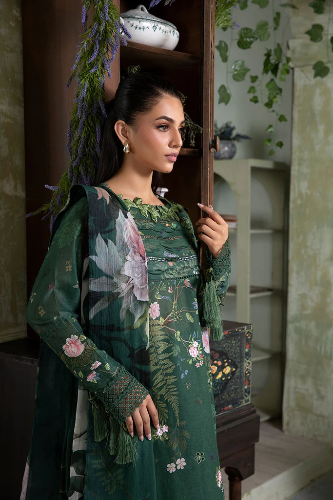 Model wearing dark green Design 5B outfit from Sobia Nazir Vital '25 Vol. 2, Pakistani luxury pret and Pakistani clothes online in UK.