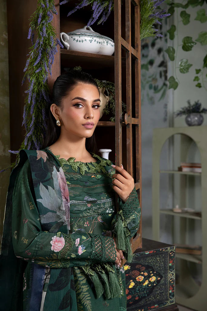 Model wearing dark green Design 5B outfit from Sobia Nazir Vital '25 Vol. 2, Pakistani luxury pret and Pakistani clothes online in UK.
