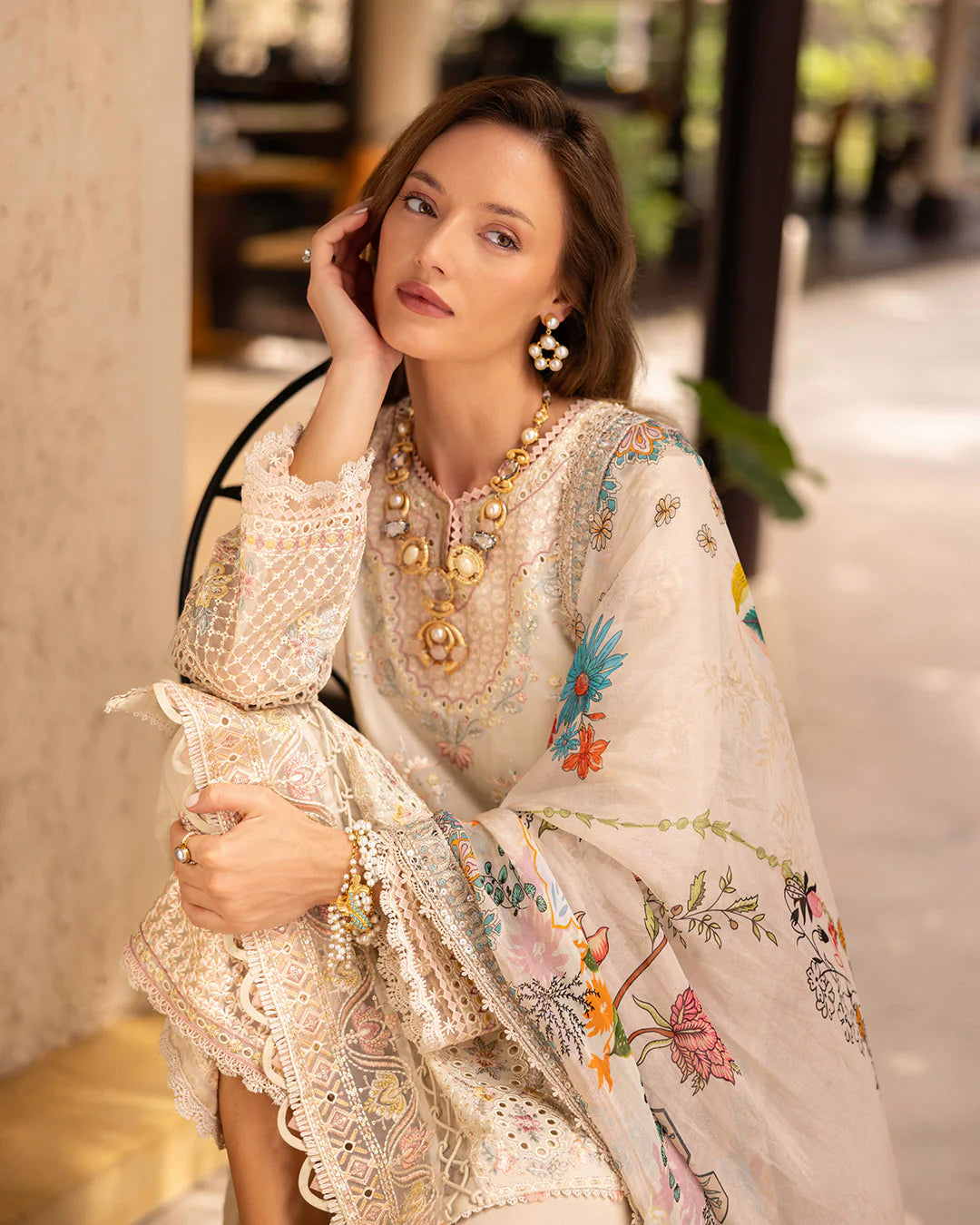 Model wearing cream Delilah dress from Faiza Saqlain Zinnia, Pakistani Luxury pret, Pakistani clothes online in UK.