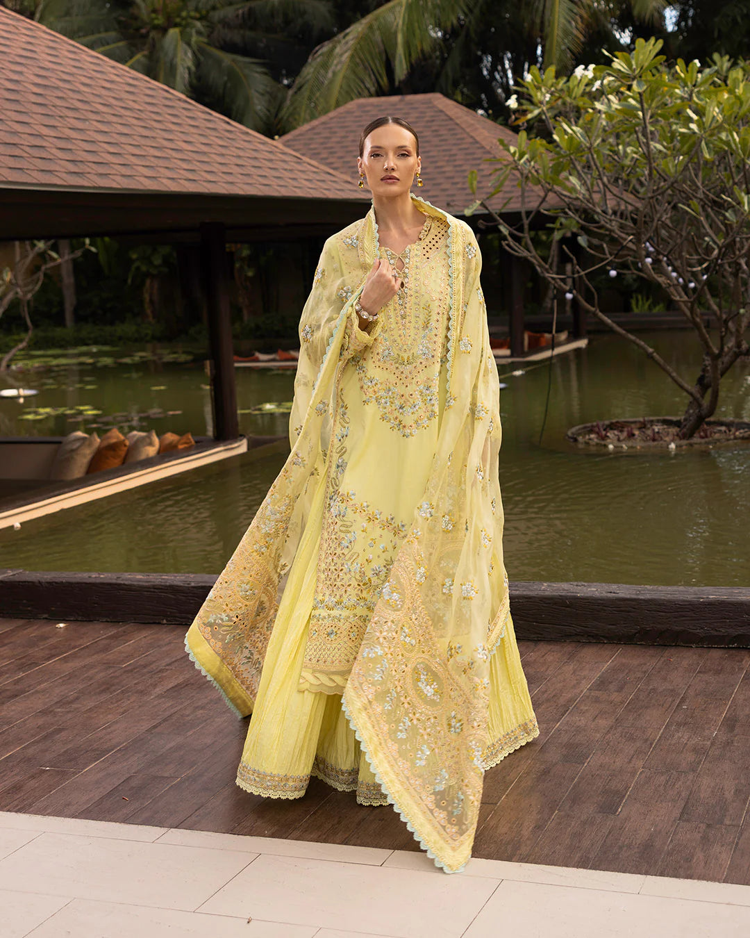Model wearing pastel yellow Azalea dress from Faiza Saqlain Zinnia collection, Pakistani Luxury pret, Faiza Saqlain Pakistani clothes online in UK.