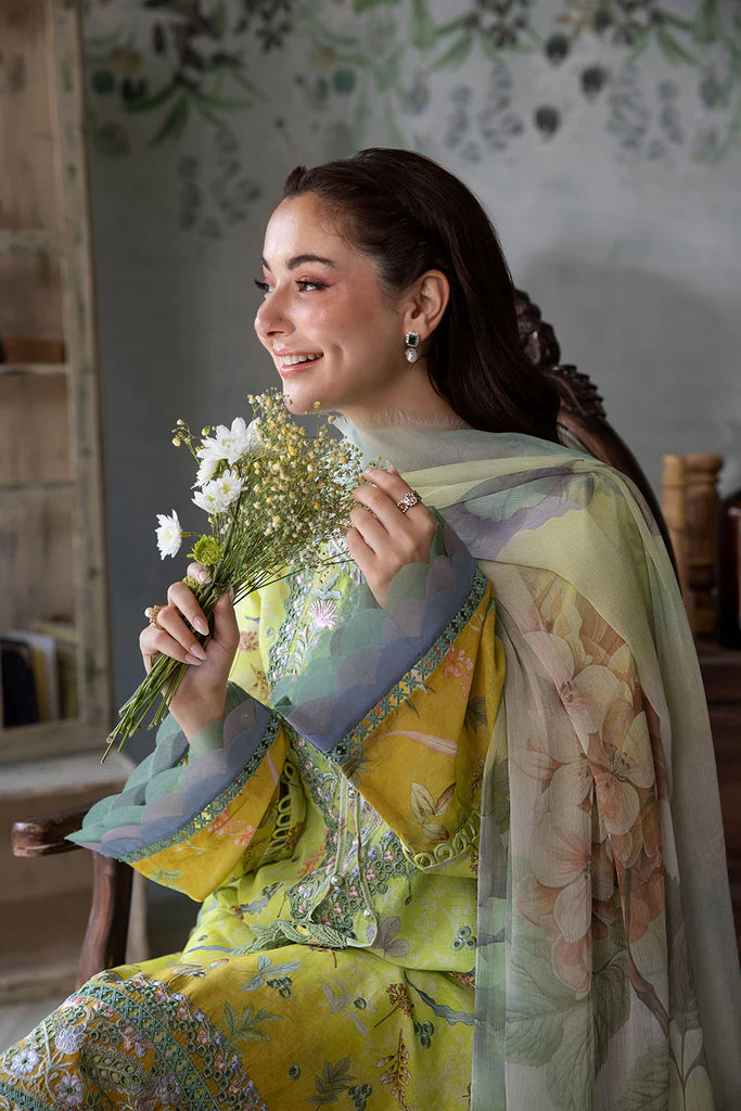 Model wearing lime green and yellow floral Design 6A outfit from Sobia Nazir Vital '25 Vol. 2, Pakistani luxury pret clothes online in UK.