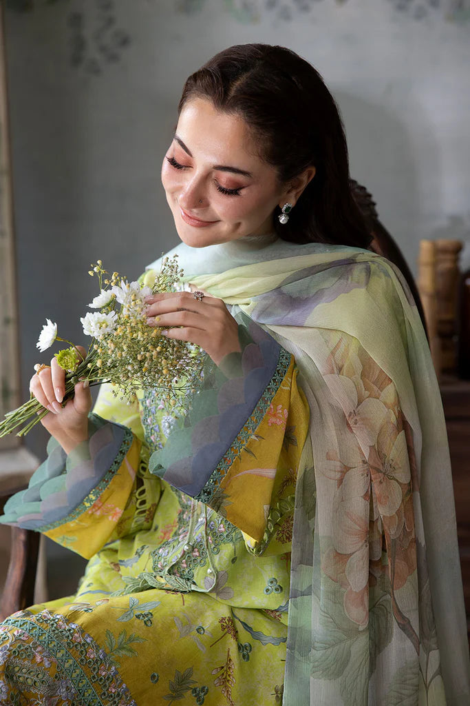 Model wearing lime green and yellow floral Design 6A outfit from Sobia Nazir Vital '25 Vol. 2, Pakistani luxury pret clothes online in UK.