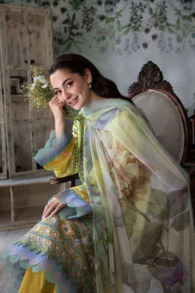 Model wearing lime green and yellow floral Design 6A outfit from Sobia Nazir Vital '25 Vol. 2, Pakistani luxury pret clothes online in UK.