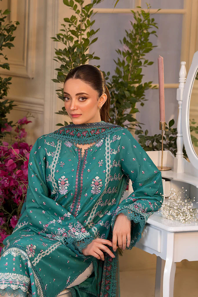 Model wearing Sobia Nazir Vital 2025 Design 6A in teal with intricate embroidery. Shop Pakistani luxury pret by Sobia Nazir online in UK.
