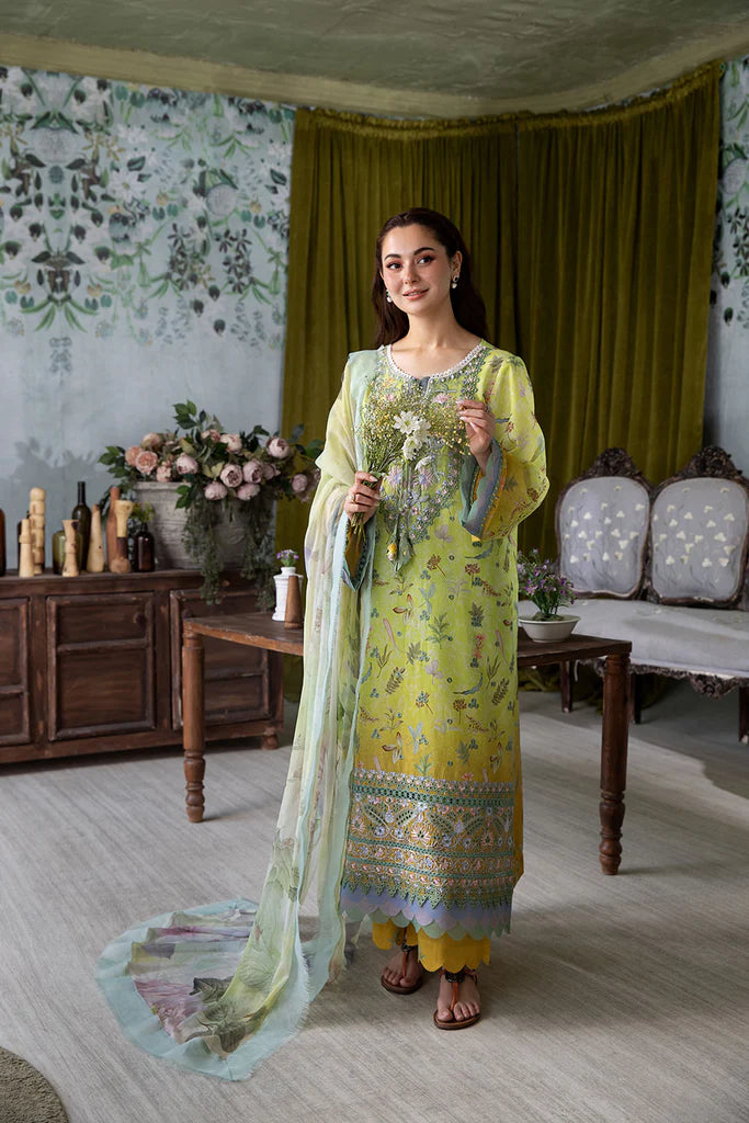 Model wearing lime green and yellow floral Design 6A outfit from Sobia Nazir Vital '25 Vol. 2, Pakistani luxury pret clothes online in UK.