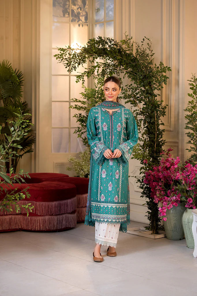 Model wearing Sobia Nazir Vital 2025 Design 6A in teal with intricate embroidery. Shop Pakistani luxury pret by Sobia Nazir online in UK.