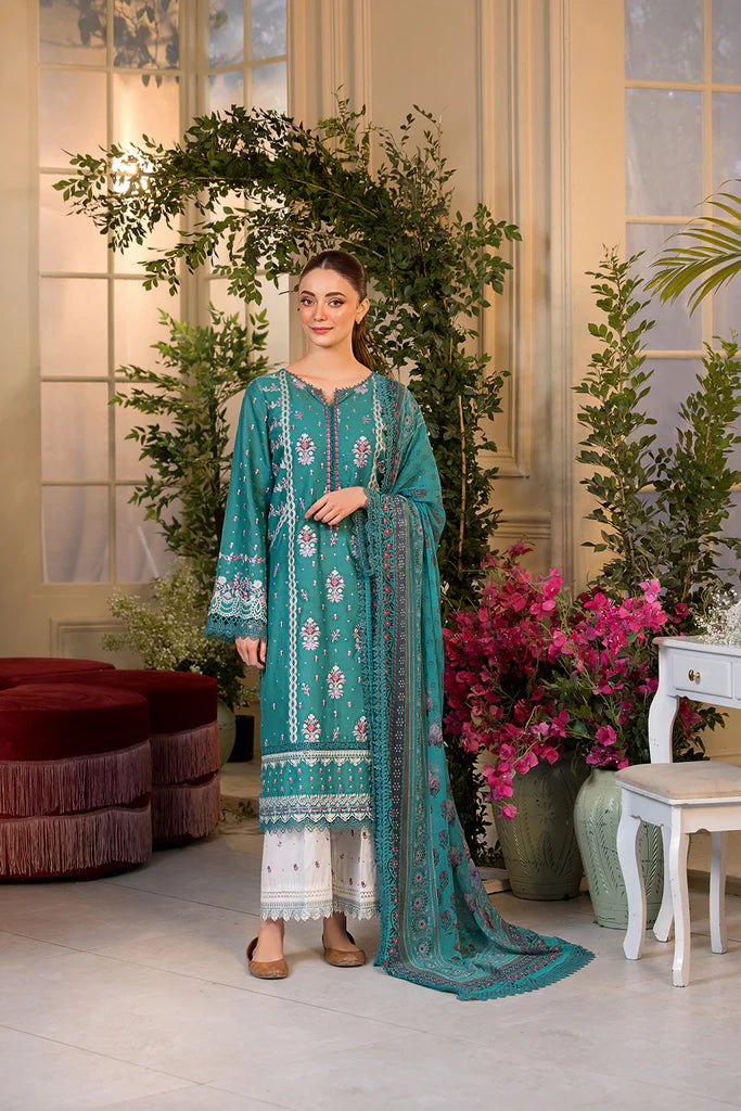 Model wearing Sobia Nazir Vital 2025 Design 6A in teal with intricate embroidery. Shop Pakistani luxury pret by Sobia Nazir online in UK.