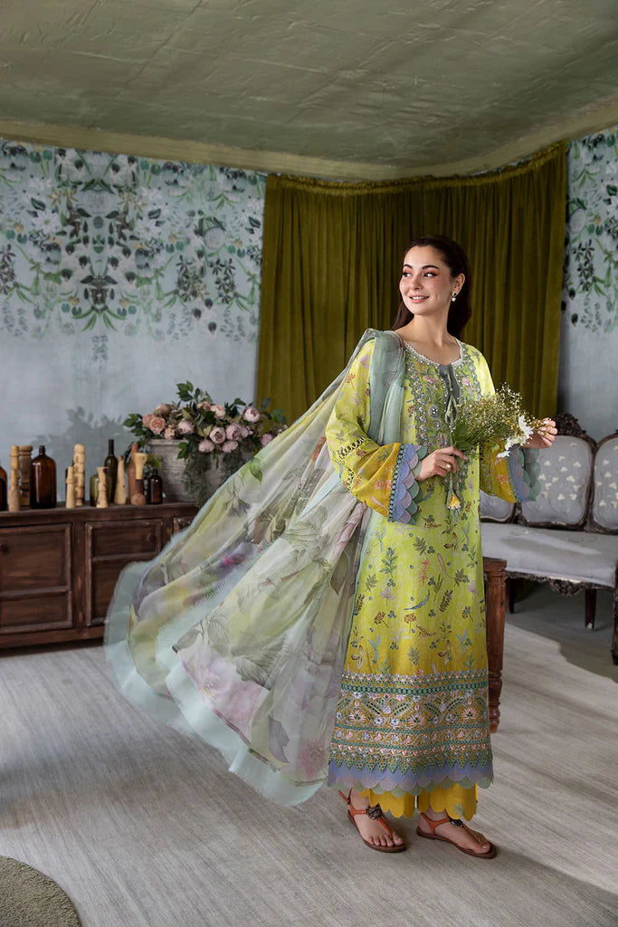 Model wearing lime green and yellow floral Design 6A outfit from Sobia Nazir Vital '25 Vol. 2, Pakistani luxury pret clothes online in UK.