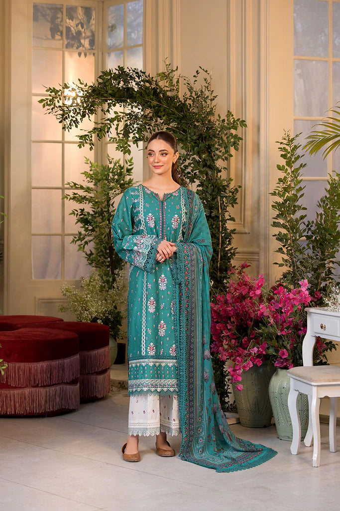 Model wearing Sobia Nazir Vital 2025 Design 6A in teal with intricate embroidery. Shop Pakistani luxury pret by Sobia Nazir online in UK.