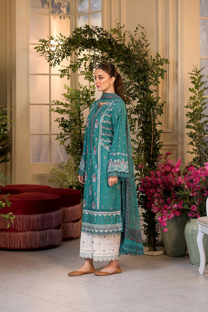 Model wearing Sobia Nazir Vital 2025 Design 6A in teal with intricate embroidery. Shop Pakistani luxury pret by Sobia Nazir online in UK.