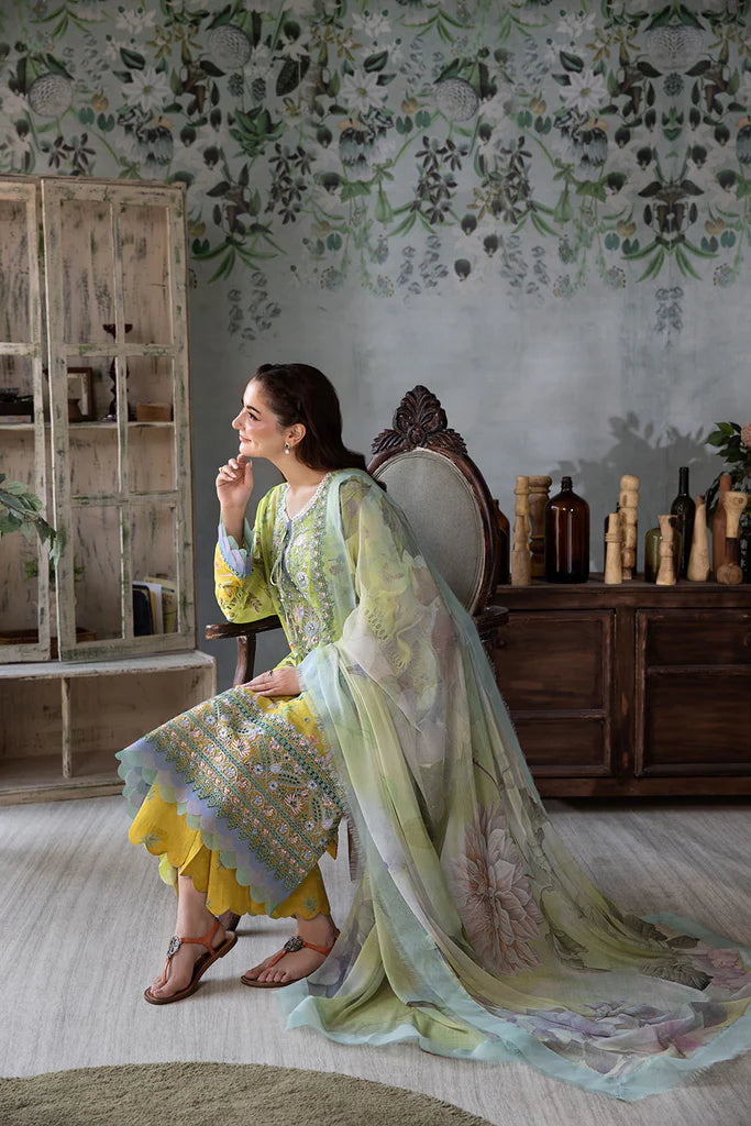 Model wearing lime green and yellow floral Design 6A outfit from Sobia Nazir Vital '25 Vol. 2, Pakistani luxury pret clothes online in UK.