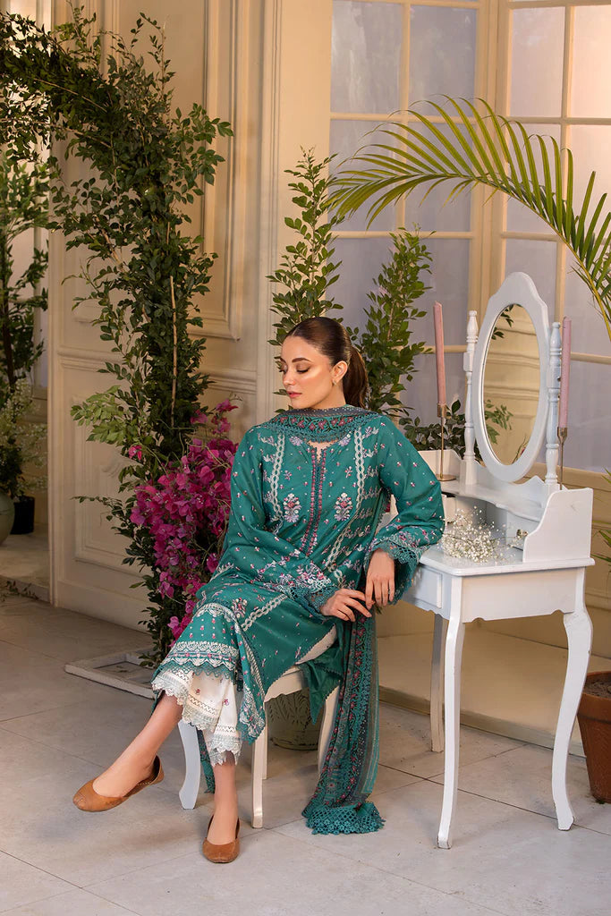 Model wearing Sobia Nazir Vital 2025 Design 6A in teal with intricate embroidery. Shop Pakistani luxury pret by Sobia Nazir online in UK.
