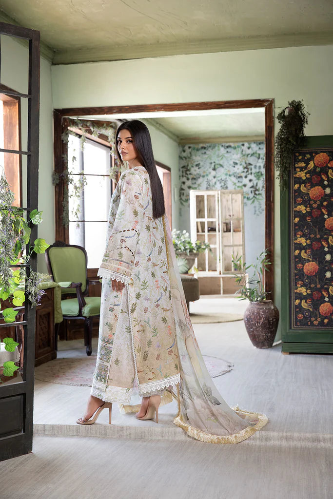 Model wearing cream and pastel Design 6B outfit from Sobia Nazir Vital '25 Vol. 2, Pakistani luxury pret and Pakistani clothes online in UK.